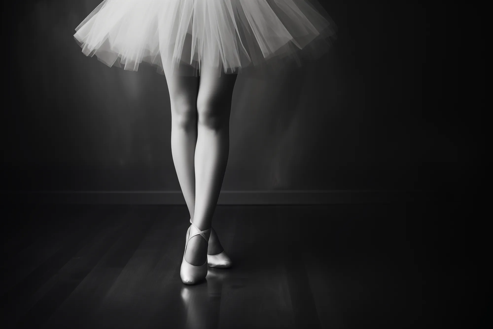 Ballerina in pointe shoes dancing closeup with space