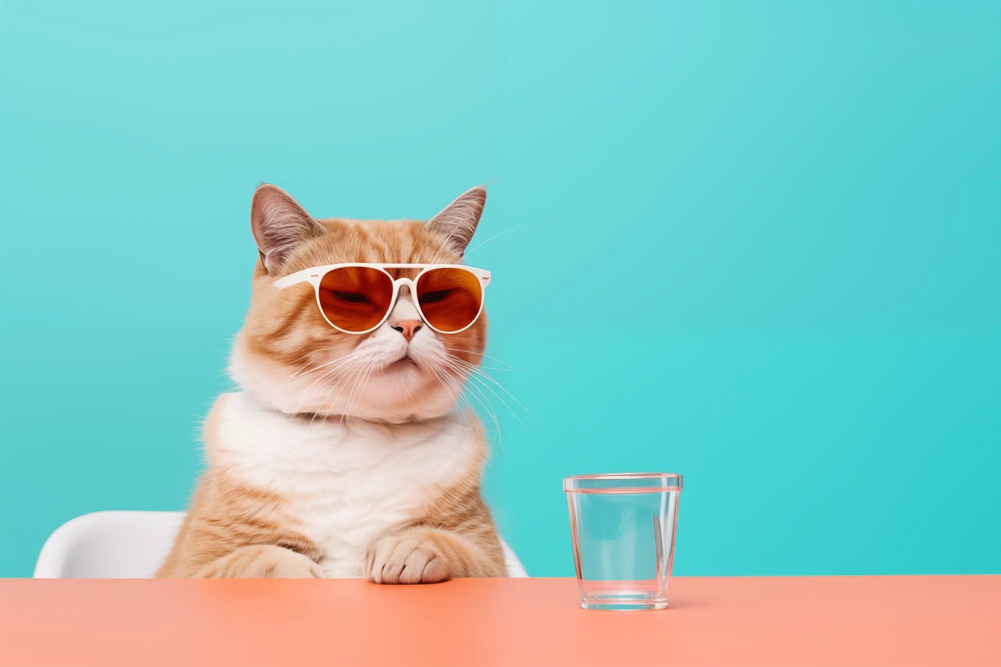 Photo of cute cat wearing sunglasses sitting at