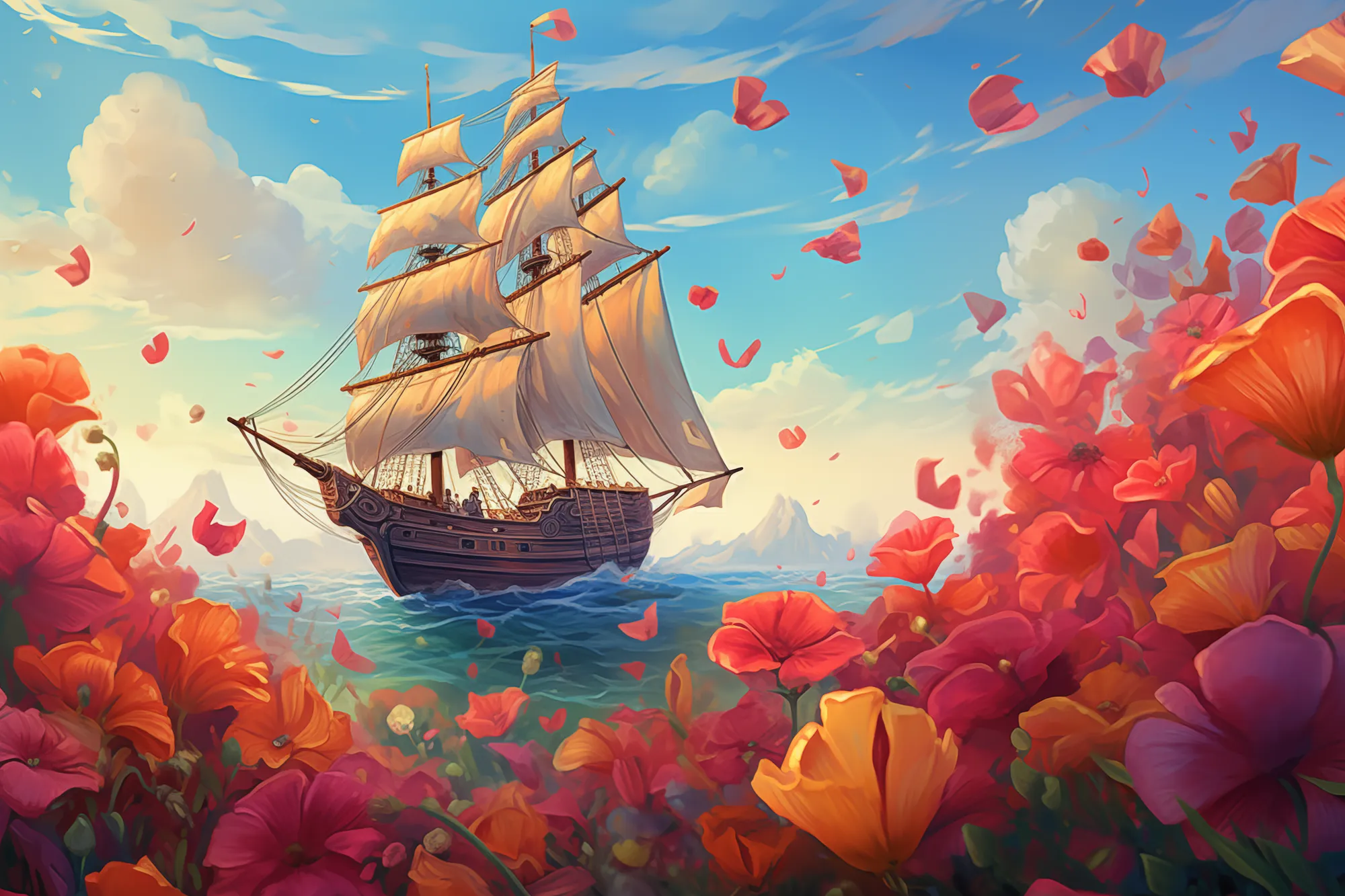 Sailing among giant floating flowers illustrate