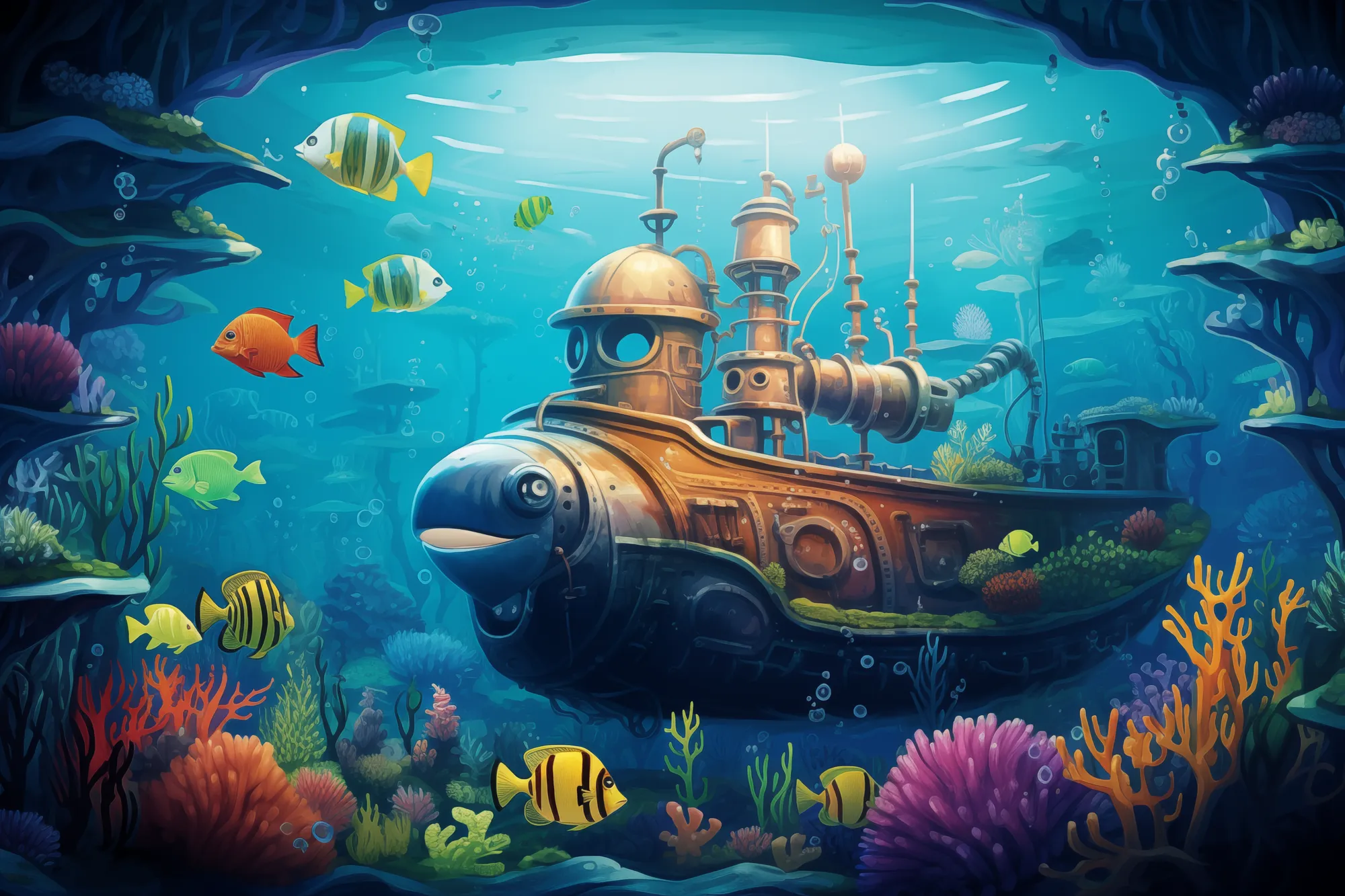 Whimsical submarine adventure depict whimsical