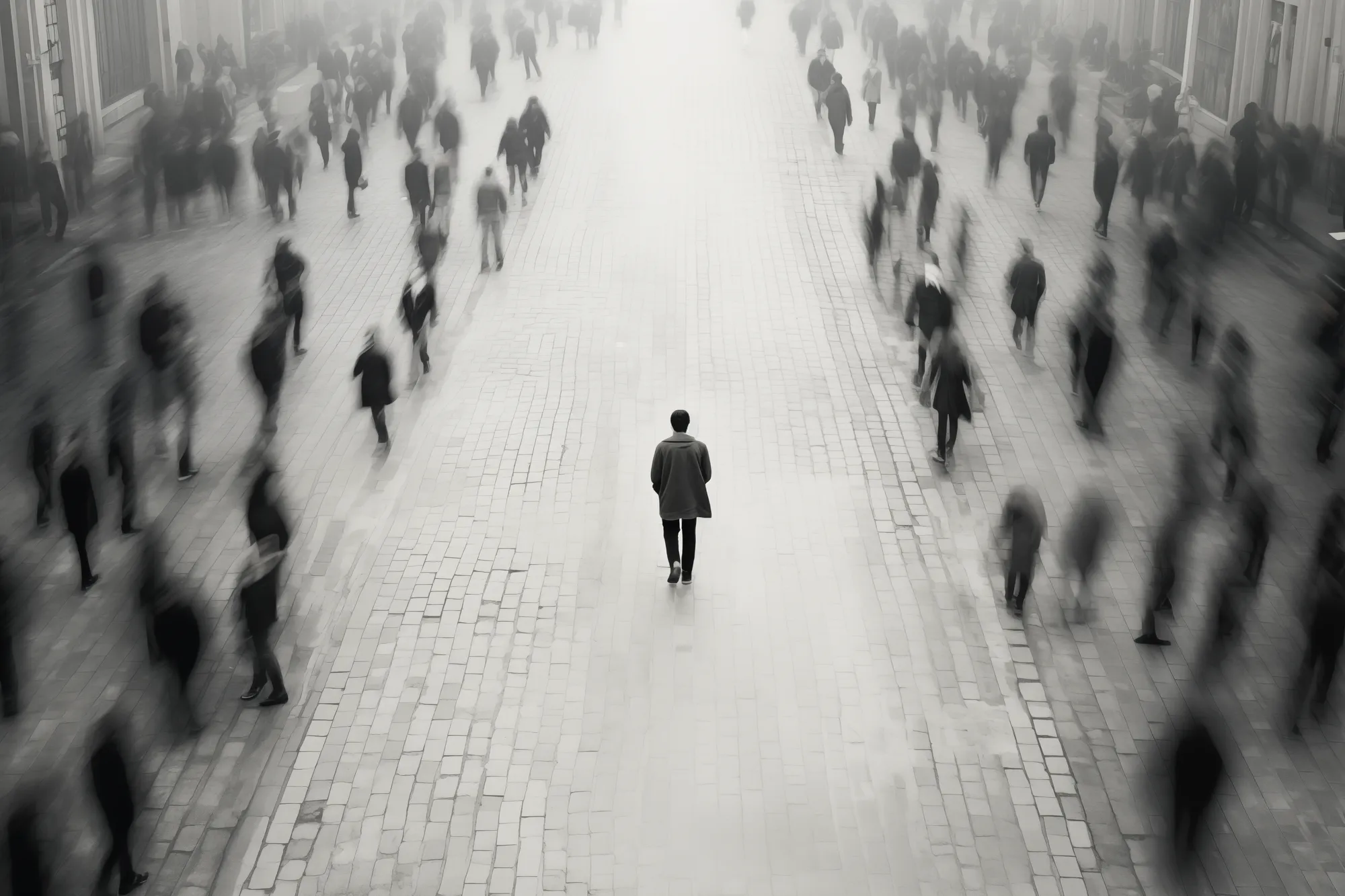 White man walks on road in busy area with people in